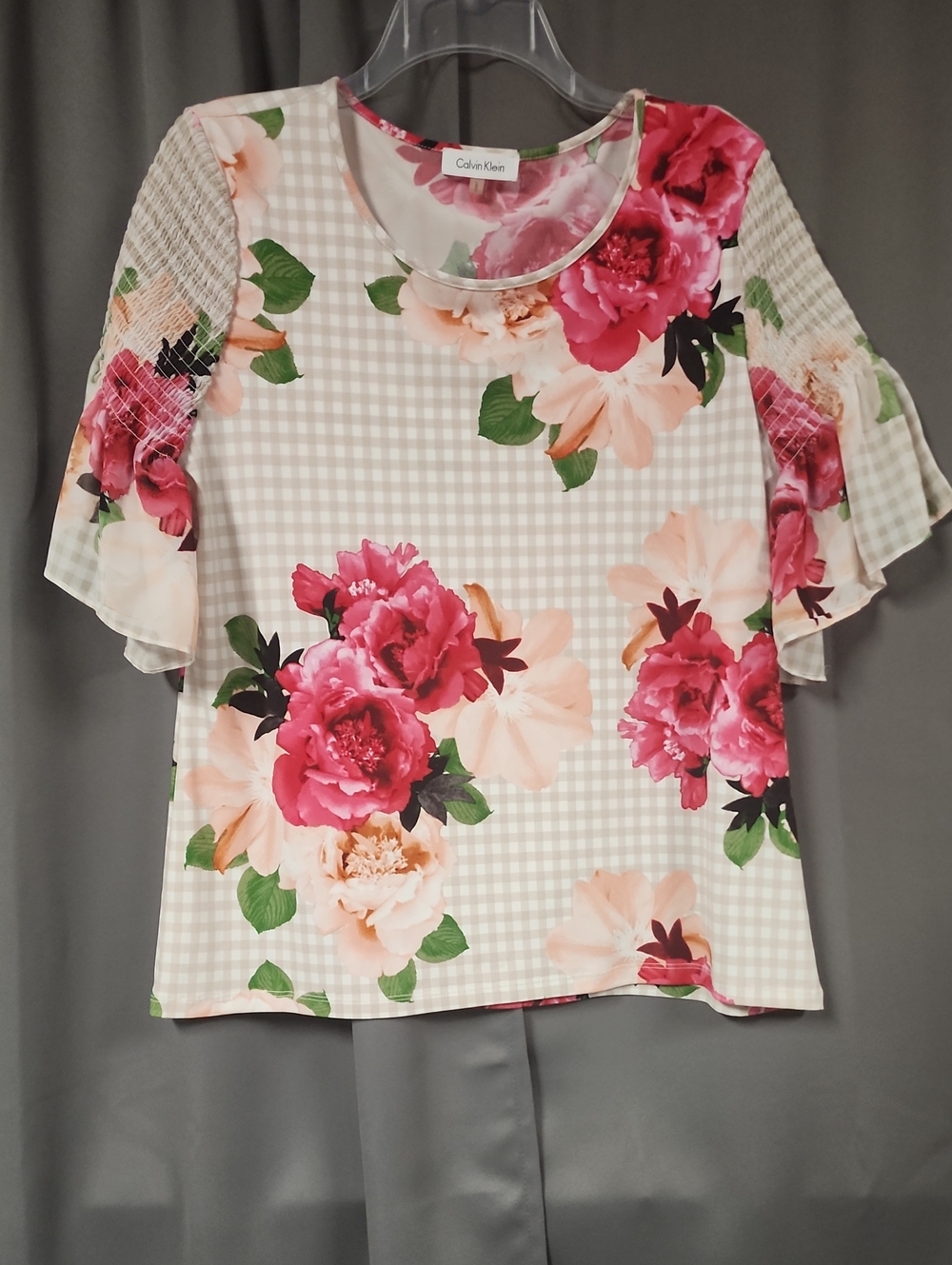 Calvin Klein Pink Floral Gingham Flutter Sleeve Blouse